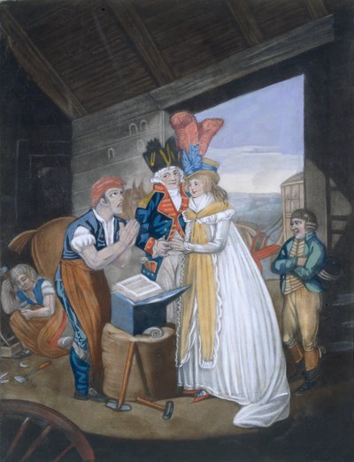 Gretna Green, aneb Žhavé manželství, pub. Aurrie & Whittle, 1794 88:Oh! Mr Blacksmith, ease our Pains - and Tye us fast in Wedlocks Chains 99:female; traditional costume; tra od English School