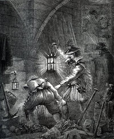 Gunpowder Plot: Spiknutí katolíků (rytina) od English School