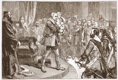 Gustavus Adolphus opouští Státy, ilustrace z Historie protestantismu od Jamese Aitkena Wylie (1808-1890), hospoda. 1878 od English School
