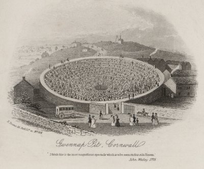Gwennap Pit, Cornwall, kde John Wesley kázal při mnoha příležitostech mezi 1762 a 1789 (rytina) od English School