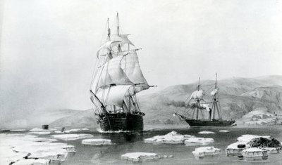 HMS Assistance a Pioneer utíkají ze zimních ubikací v roce 1854 (litografie) od English School