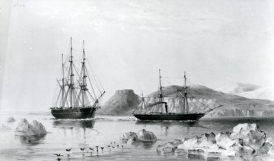 HMS Assistance in Tow of Pioneer kolem John Harrow Mount, North Wellington Channel v roce 1853 (litografie) od English School