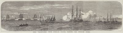 HMS "Dauntless" s ruskými cenami, míjející švédskou flotilu (rytina) od English School