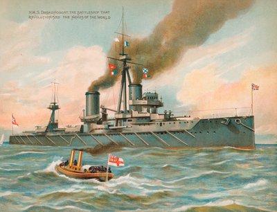 HMS Dreadnought, britská bitevní loď, která způsobila revoluci v námořní síle (chromolitho) od English School