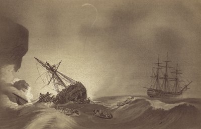 HMS Impetueux, které velel kapitán Thomas Byam Martin, zachraňující posádku HMS Venerable, pod velením kapitána J Huntera, ztroskotala v Torbay, Devon, 24. listopadu 1804 (litho) od English School