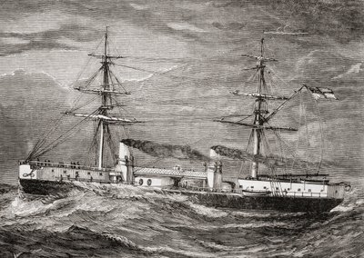 HMS Inflexible, bitevní křižník třídy Invincible britského královského námořnictva, ilustrace z 