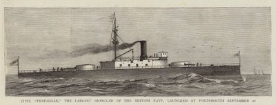 HMS „Trafalgar“, největší železný plášť v britském námořnictvu, spuštěna v Portsmouthu 20. září (rytina) od English School