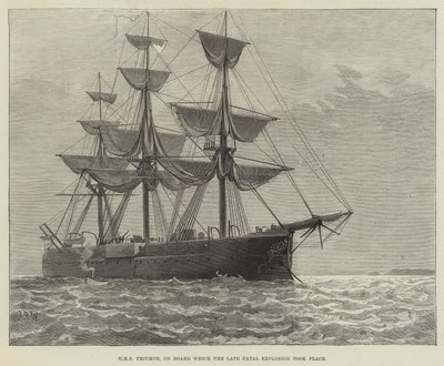 HMS Triumph, na palubě které se odehrála pozdní fatální exploze (rytina) od English School