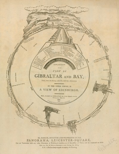 H A Barkers pohled na Gibraltar a Bay, Panorama, Leicester Square, Londýn od English School