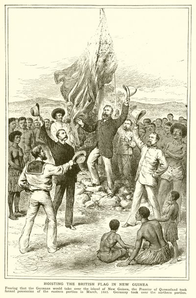 H. M. Chester, queenslandský soudce při vztyčování britské vlajky na Nové Guineji, březen 1883 od English School