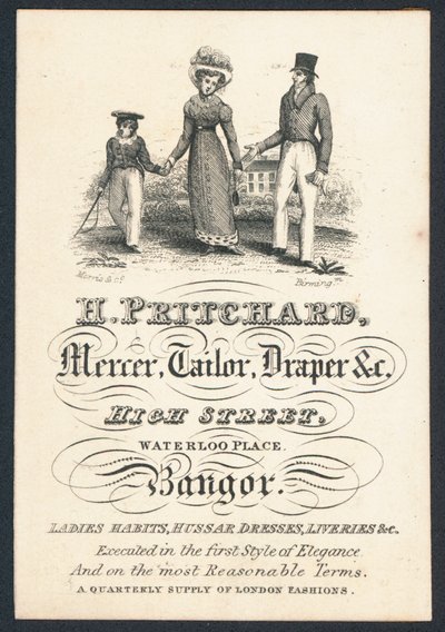 H Pritchard, obchodník, krejčí a soukeník, vizitka od English School