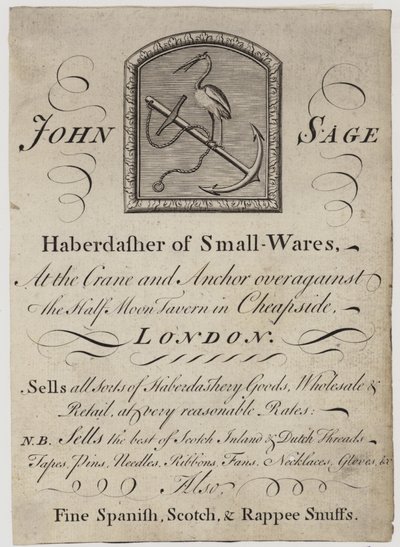 Haberdashers, John Sage, vizitka od English School
