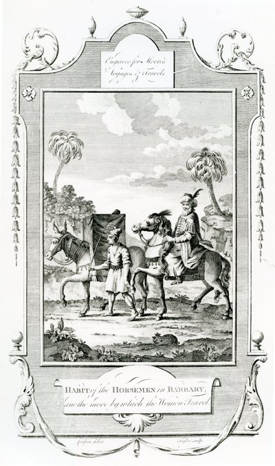 Habit of the Horsemen in Barbary, ilustrace převzata z Moores Voyages and Travels, od English School