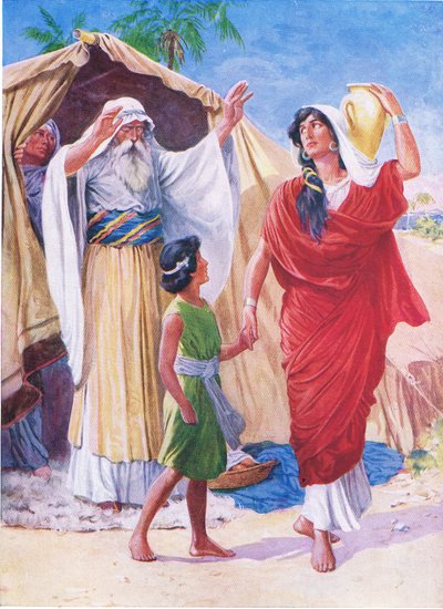 Hagar a Ismael, z The Bible Picture Book vydané Thomasem Nelsonem, kolem roku 1950 od English School