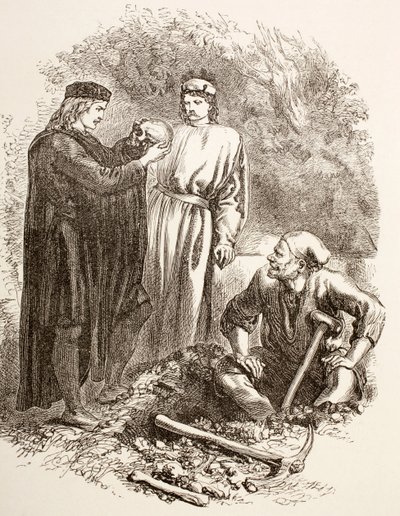Hamlet drží lebku Yoricka, ilustrace Aktu V, Scéna I v Hamletovi, z „The Illustrated Library Shakespeare“, vydané v Londýně 1890 od English School