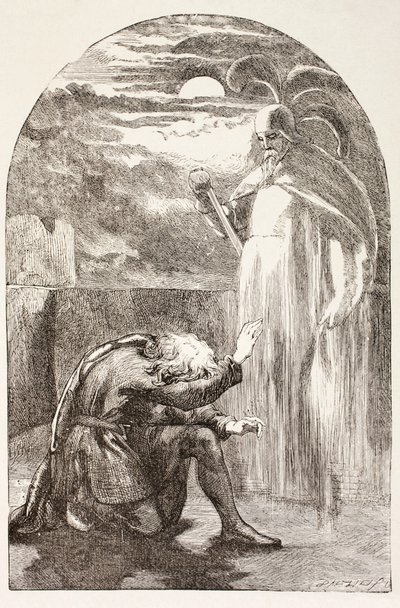 Hamlet vidí ducha, ducha svého otce, z knihy "The Illustrated Library Shakespeare", vydané v Londýně roku 1890. od English School