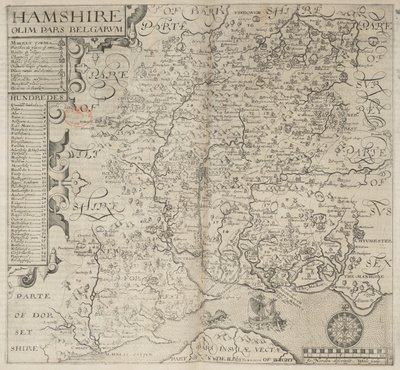 Hampshire, dříve součást Belgičanů. popsal J. Norden W. Hole sculp., z Camdenovy "Britannia." 6. vydání. fol. 187 (rytina) od English School