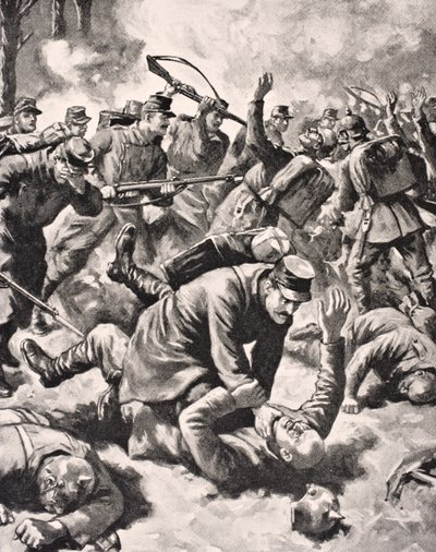 Ruční boj mezi německými a západními vojáky, z „The War Illustrated deLuxe“, vydané v Londýně, 1916 od English School