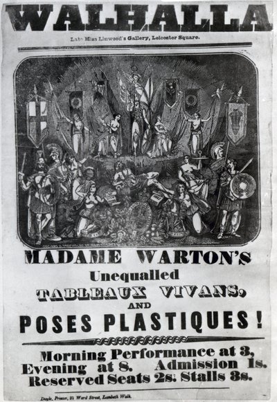 Reklamní leták „Nepřekonatelné výjevy a pózy madame Wartonové“, kolem roku 1847 od English School