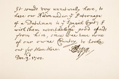 Rukopis a podpis Samuela Pepyse, 1700 od English School
