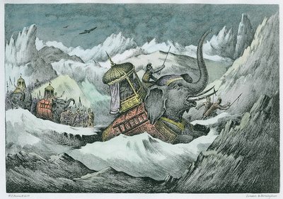 Hannibal (247-183 př. n. l.) a jeho váleční sloni při přechodu Alp (pozdější kolorování) od English School