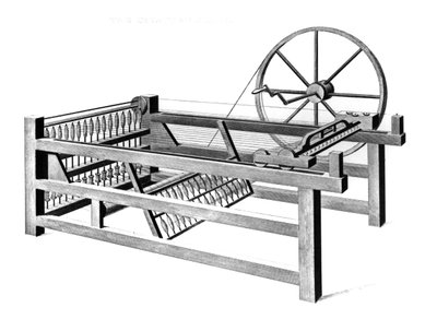 Hargreavess Spinning Jenny, rytina T.E. Nicholson, 1834 od English School