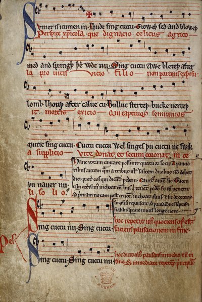 Harl 978 fol.11v Sumer je icumen in, od Summer Canon (Reading Rota) (vellum) od English School