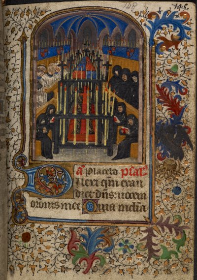 Harley 1251, fol. 148 Pohřební obřad s rakví zakrytou pažemi Johna, vévody z Bedfordu, z 