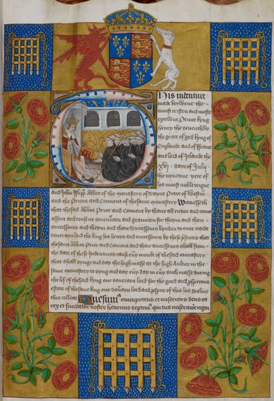 Harley 1498, f.1 Jindřich VII. představuje indentus Johnu Islipovi, opatovi Westminsterského opatství, Indentures of Westminster Abbey (vellum) od English School
