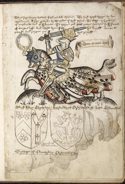 Harley 2169 f. 3 Jindřich VI. na koni, Erby v době Jindřicha VI. (vellum) od English School