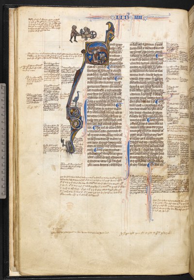 Harley 3487, f.22v Historická iniciála „S“ s mužem, který čte knihu a ukazuje k nebesům, a na okraji muže, který tlačí nahého muže ve voze, s ptákem, mužem se sekerou a dračí a lidská hlava ve tvaru písmene, na začátku bučení od English School