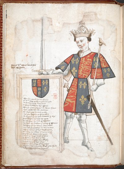 Harley 4205 f.7v Anglický král v brnění a tabardu (Henry V) z „Knihy zbraní sira Thomase Holmea...“, kolem 1445-50 (vellum) od English School