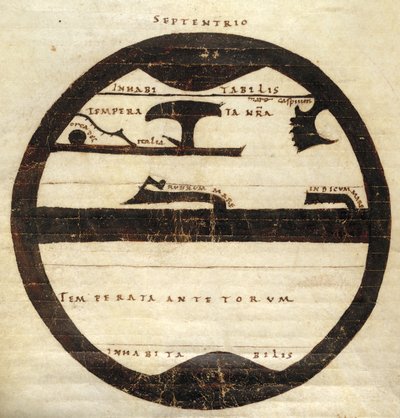 Harley MS 2772 f. 70v, Diagrammatic Zonal World Map, cca 1050 (inkoust a tempera na pergamenu) od English School