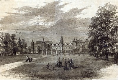 Hatfield House, sídlo markýze ze Salisbury, z „The Illustrated London News“, 11. července 1874 (rytina) od English School