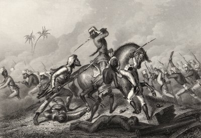 Sloupec Havelocks útočící na vzbouřence před Cawnpore, z „Historie indické vzpoury“ vydané v roce 1858 od English School