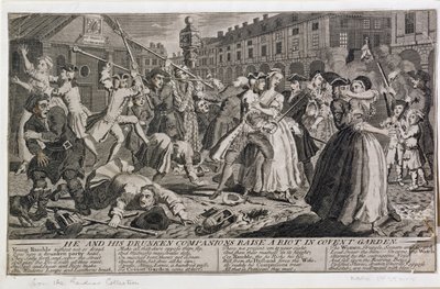 On a jeho opilí společníci vyvolávají nepokoje v Covent Garden, 1735 od English School