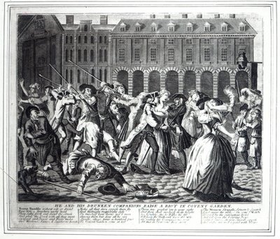 On a jeho opilí společníci vyvolávají vzpouru v Covent Garden, z pirátského seriálu založeného na Hogarthově 