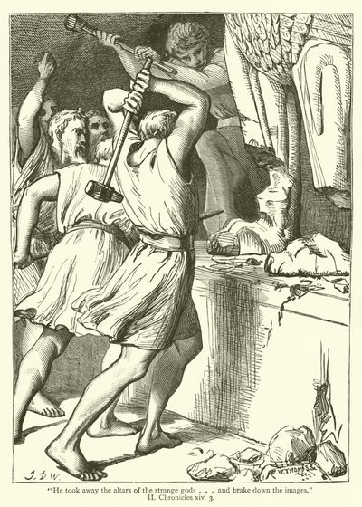 "Odnesl oltáře podivných bohů...a rozbil obrazy", II, Chronicles, xiv, 3 (rytina) od English School