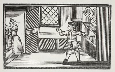 Šel do spíže a pomohl si chlebem s máslem, ilustrace z Chap-books of the Eighteenth Century od Johna Ashtona, hospoda. 1882 od English School