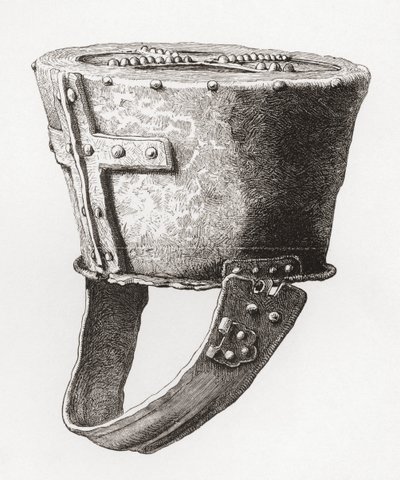 Helma, z Castle Pomeroy, Anglie, pocházející z cca 12. století, z The British Army: Its Origins, Progress and Equipment, vydané v roce 1868. od English School