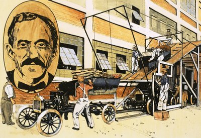 Henry Ford a jeho první výrobní linka z roku 1908 od English School