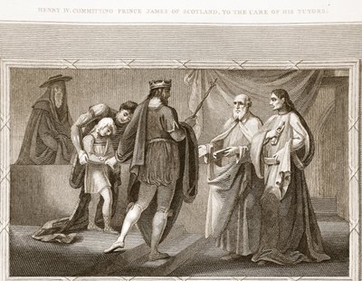 Jindřich IV. svěřuje prince Jakuba Skotského do péče svým učitelům, ilustrace od Davida Humese Historie Anglie, hospoda. od R. Bowyera, Londýn, 1812 od English School