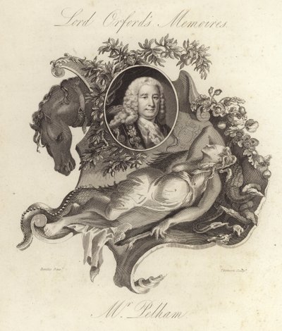 Henry Pelham , britský whigský politik a předseda vlády (rytina) od English School