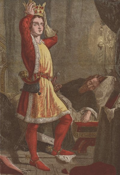 Henry, princ z Walesu, budoucí král Jindřich V., zkouší korunu svého otce (chromolitho) od English School