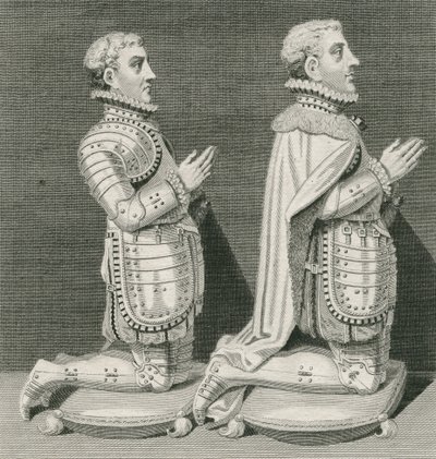 Henry Stuart, lord Darnley a jeho bratr Charles Stuart, hrabě z Lennoxu, klečící před hrobkou své matky ve Westminsterském opatství, vyryl Andrew Birrell, 1796 od English School