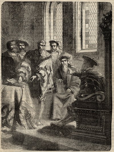 Jindřich VIII. a jeho koncil, který nařídil překlad Bible do angličtiny - 1538 - rytina z „“Historie Anglie““ od Cassella Pettera & Galpina od English School