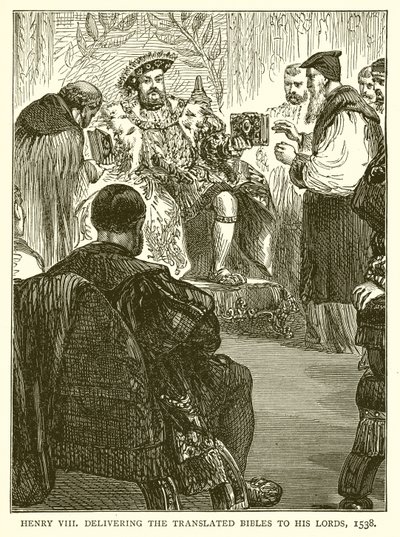 Jindřich VIII. předává přeložené Bible svým pánům, 1538 od English School