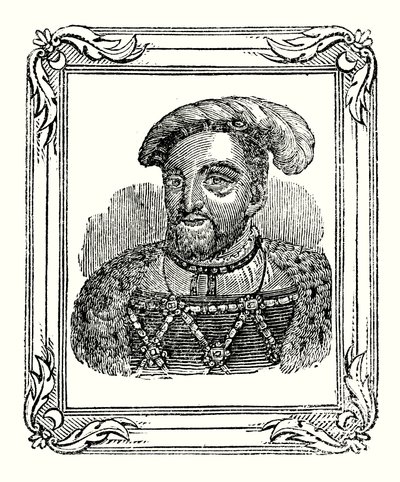 Jindřich VIII. se narodil v roce 1490, korunován byl v roce 1509, zemřel v roce 1547 (rytina) od English School