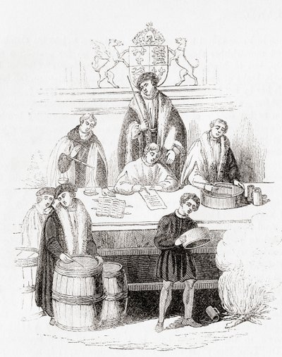 Jindřich VII. soud o vahách a mírách u státní pokladny v roce 1497, ze staré Anglie: Obrazové muzeum, hospoda. 1847 od English School