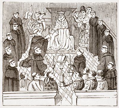 Henry V a jeho parlament (z Harleian MMS v Britském muzeu), ilustrace z Historie protestantismu od Jamese Aitkena Wylie (1808-1890), hospoda. 1878 od English School